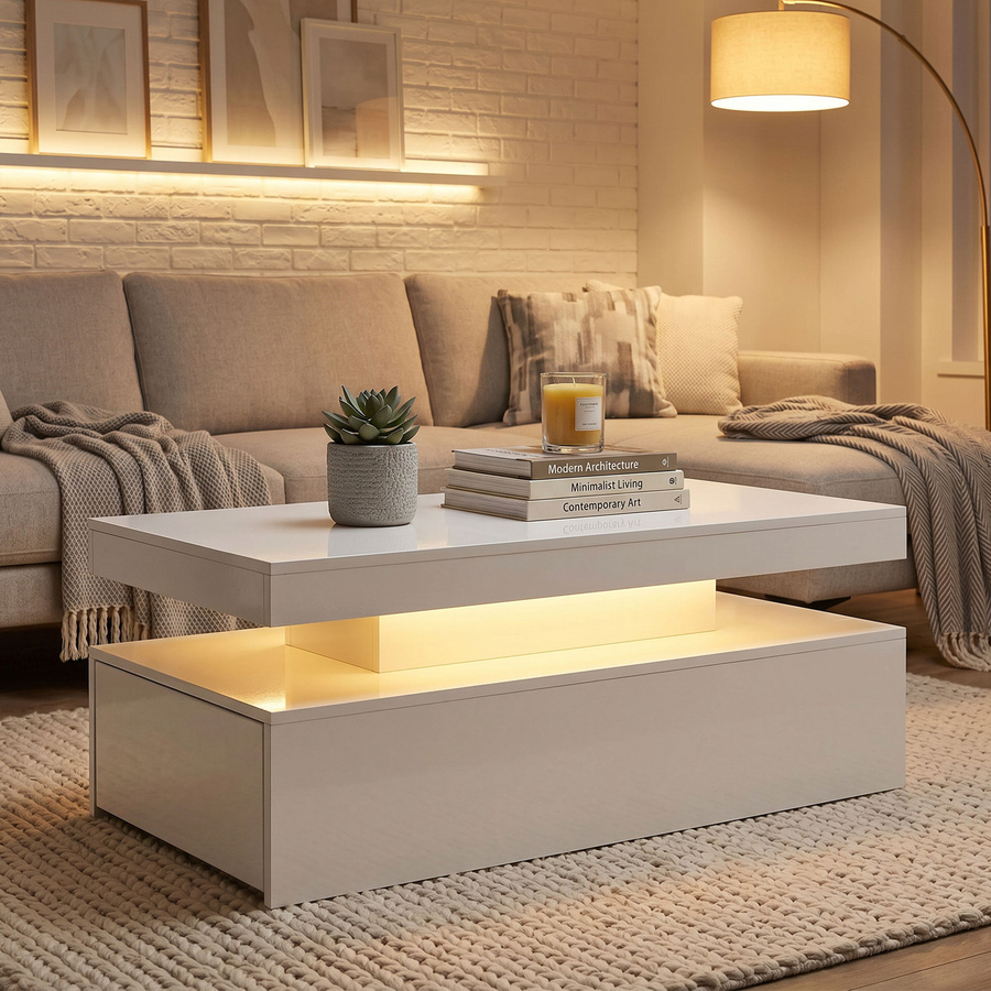 HOMCOM Couchtisch in Weiß mit Hochglanz-Finish, moderner Wohnzimmertisch mit dimmbarer RGB LED-Lichtleiste, App-Steuerung, Musikfunktion und Timer, inklusive 2 Schubladen, B/T/H: 100 x 50 x 40 cm - Bild 2