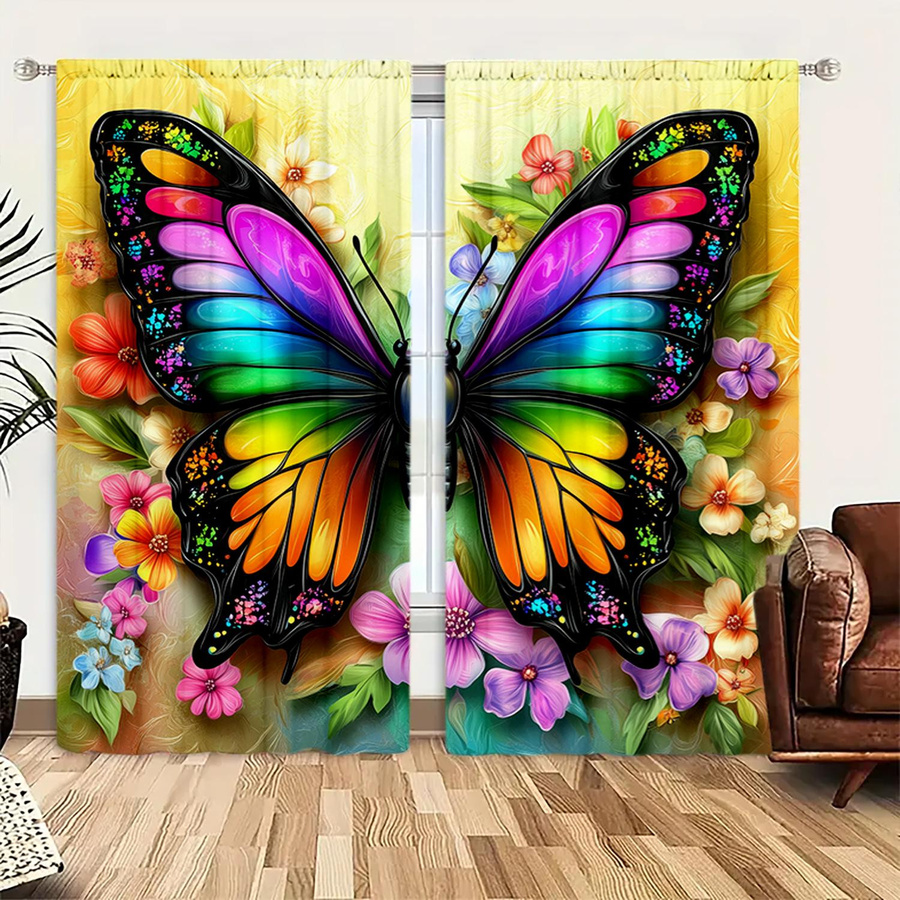 2er-Set bunte Schmetterlings-Vorhänge mit floralem Design, halbtransparent, Farbe: Mehrfarbig, B x H: 52,5 x 116 cm - Bild 2