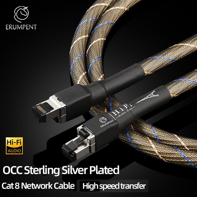 HiFi Audio Cat8 Ethernet-Kabel mit OCC Sterling Silber und vergoldeten RJ45-Steckern, High Speed 40 Gbit/s 2000 MHz LAN-Kabel in Silber - Bild 1