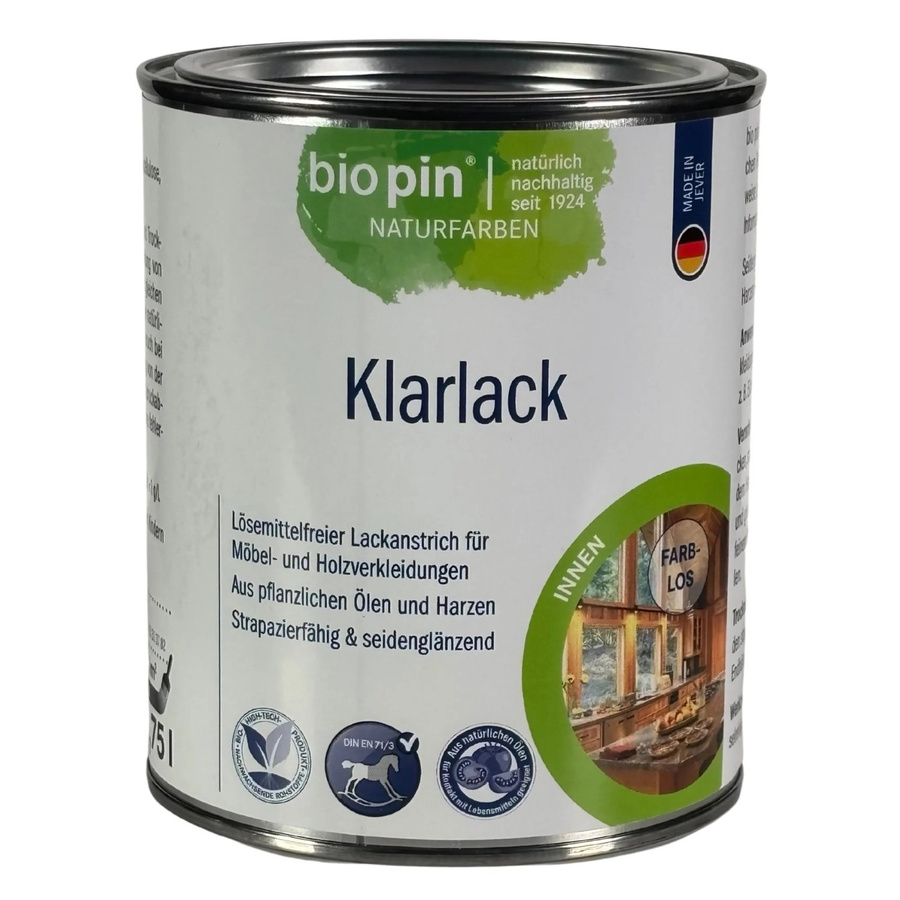 Biopin Klarlack für Holz, wasserbasiert, farblos, seidenmatt, lösungsmittelfrei, 0,75 l - Bild 2