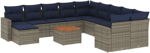 vidaXL 14-tlg. Gartensofa-Set in U-Form aus Polyrattan mit Kissen und Couchtisch, Grau/Blau - Bild 1