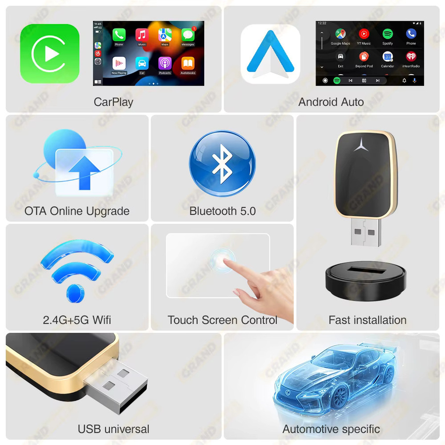 Grandnavi 2-in-1 Wireless CarPlay Dongle und Android Auto Adapter AI Smart Box in Schwarz für Autos mit kabelgebundenem CarPlay - Bild 2
