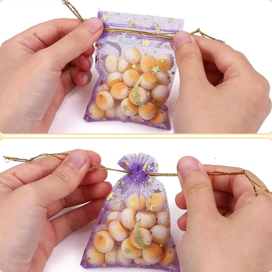 50 Organza Beutel mit Kordelzug für Hochzeitsgeschenke und Schmuck, Farben: Lila und Gold, B: 7 cm, H: 9 cm - Bild 2