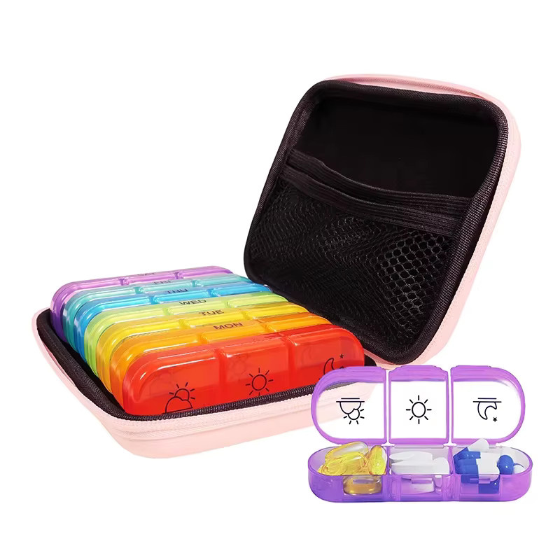 Untior Pillen-Organizer mit 21 Fächtern für 3-mal tägliche Einnahme, feuchtigkeitsbeständig, inklusive PU-Lederetui, Multicolor - Bild 3