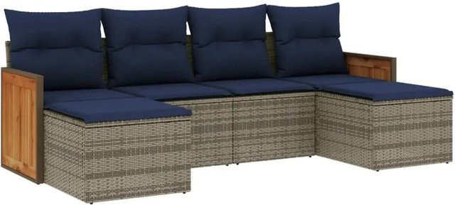 vidaXL 6-tlg. Gartensofa-Set in L-Form mit Polyrattan und Kissen, Grau und Blau - Bild 1
