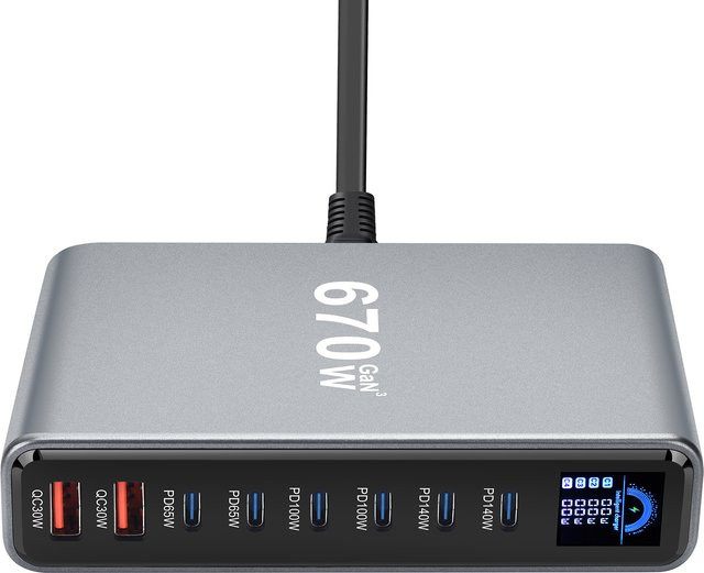 Deepartner 8-Port 670W Desktop GaN Ladestation Multi-Port-Schnellladegerät mit 6C2A für Handys und Tablets - Bild 1