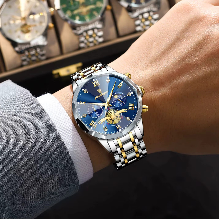 POEDAGAR Armbanduhr Chronograph, Quarz, Edelstahl, Blau, Herren - Bild 5