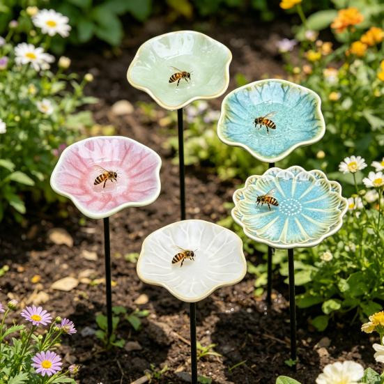 VividHive Bienenwassertränke mit Ständer und Blumen als Schmetterlings-Trinkstation für den Garten, mehrfarbig aus Metall und Keramik - Bild 2