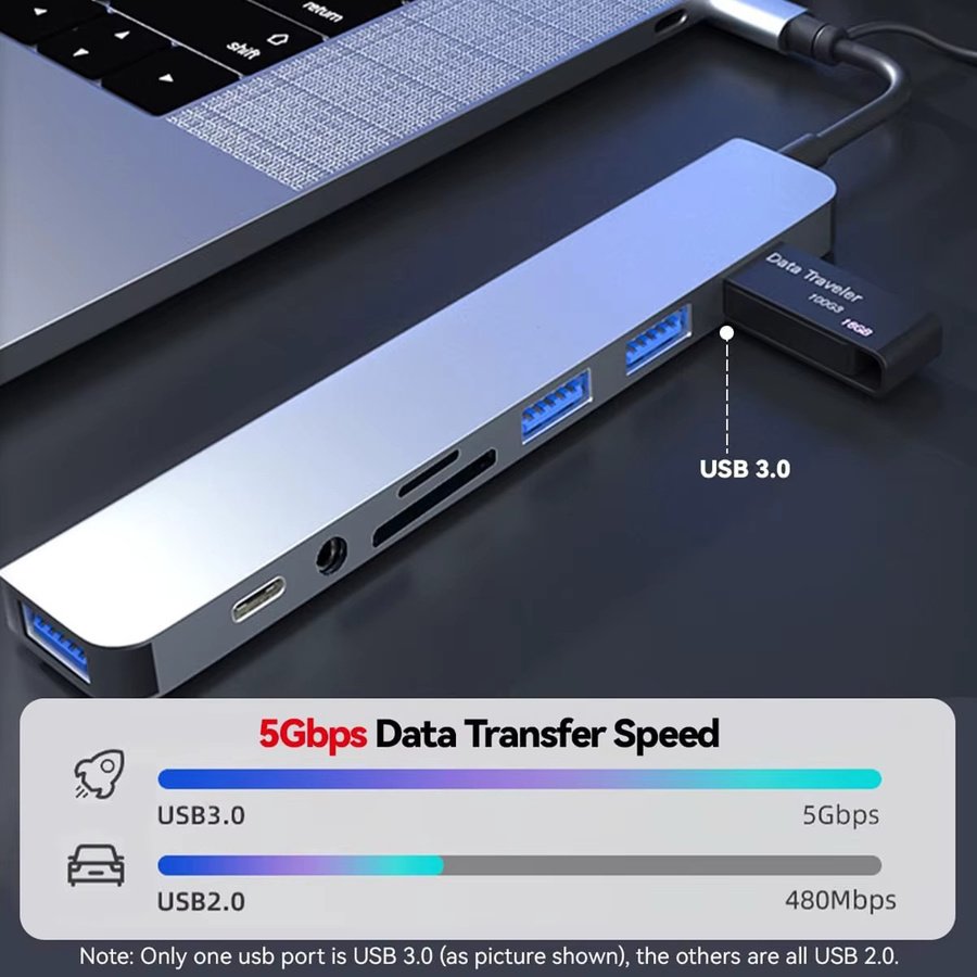 Congdi USB C Hub 8 in 2 Adapter in Silber mit 2 USB 3.0 Ports, 3,5 mm Audio-Buchse sowie SD und TF Kartenleser für MacBook Pro, iPad Pro, iPhone und Laptop - Bild 2