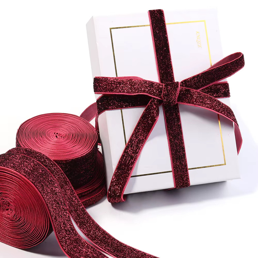 Einseitiges Samtband in Rot mit Glitzer für Blumensträuße und Geschenkverpackungen, Breite: 7 mm bis 38 mm - Bild 2
