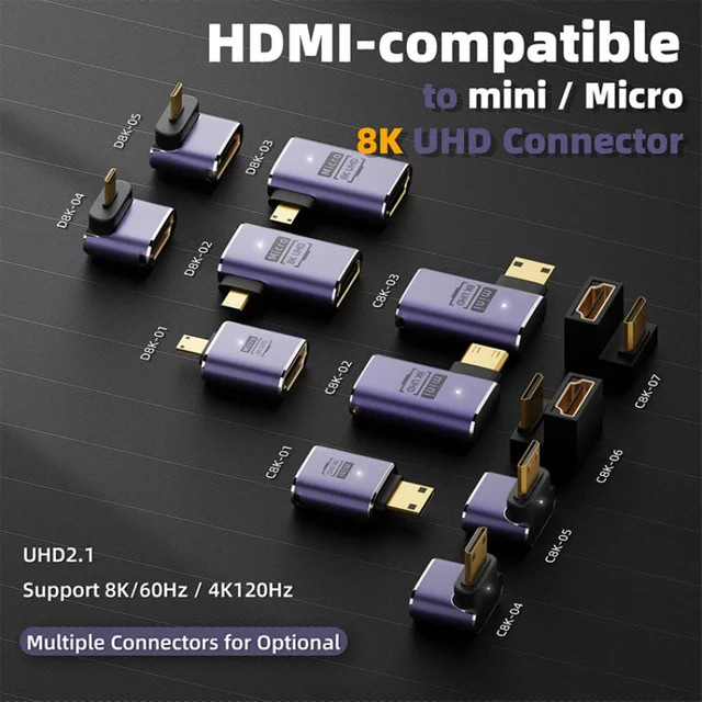 BSN HDMI Adapter 90 und 270 Grad rechtwinkliger Stecker auf Buchse Konverter für 8K HD Mini und Micro HDMI Verlängerung - Bild 1