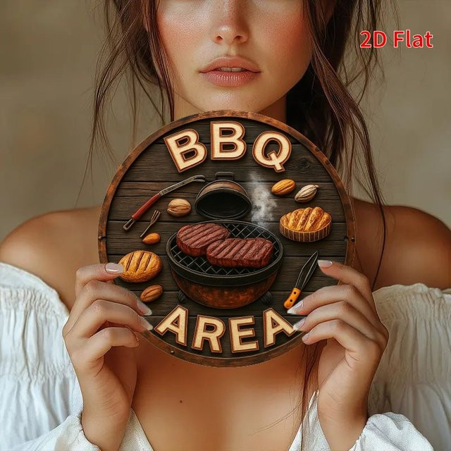 Potdemiel Vintage BBQ Area Schild aus Metall, Rundes Retro Grill Dekor mit Typografie, Durchmesser: 20,32 cm - Bild 1