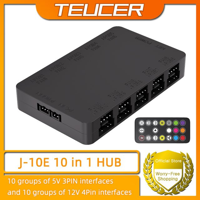 TEUCER J-10E 10 in 1 Hub Schwarz: 12V 4Pin PWM und 5V 3Pin ARGB Adressierbarer RGB Splitter für PC Lüfter und Kühler - Bild 1