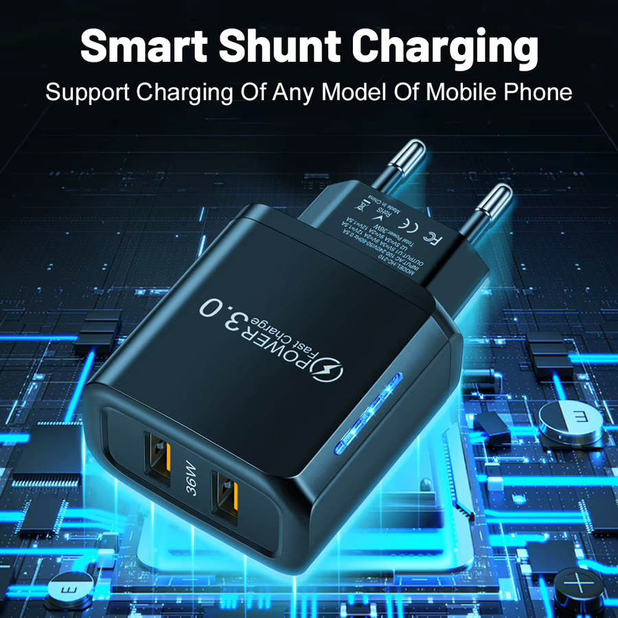 Doppel-USB-Schnellladegerät 36 W mit USB 3.0 für Samsung, Xiaomi, Huawei und OPPO in Schwarz - Bild 3