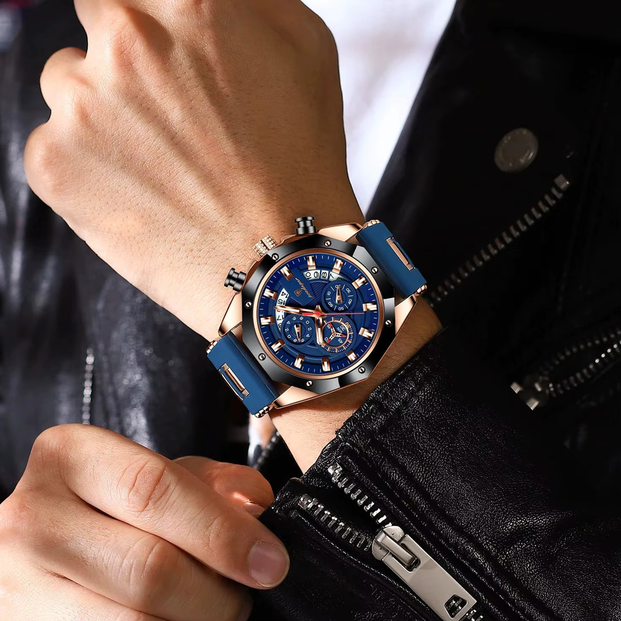 POEDAGAR Armbanduhr Chronograph, Quarz, Silikon, Schwarz, Herren - Bild 5