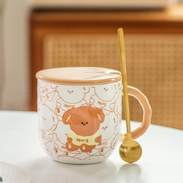 Keramiktasse mit Deckel und Löffel aus weißem Porzellan mit bunter Glasur, Volumen: 350,5 ml - Bild 1