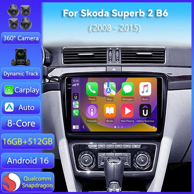 RSNAVI Android 16 Multimedia-Autoradio mit CarPlay für Skoda Superb 2 B6, Schwarz, WIFI und 4G mit DSP Stereo - Bild 1