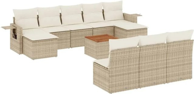 vidaXL 11-teilige Garten-Sofagarnitur in U-Form aus Polyrattan und Akazienholz mit Kissen in Beige und Cremeweiß - Bild 1