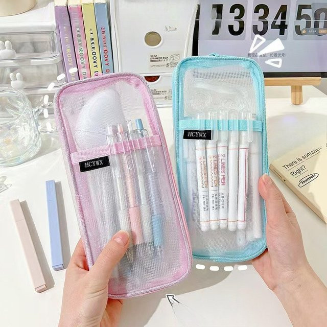 Transparentes Mesh-Federmäppchen mit Reißverschluss in Pink für Schule und Büro - Bild 1