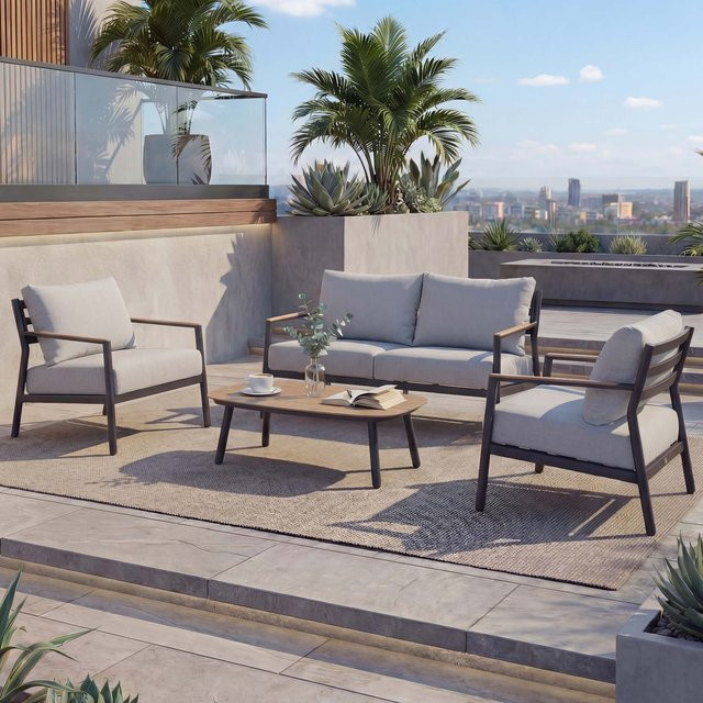 MCW Aluminium Gartengarnitur P79 Lounge-Set in Hellgrau mit Polsterung aus Olefin-Stoff und 2er-Gartenbank sowie 2 Sesseln - Bild 1