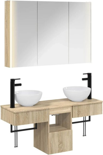 vidaXL Badezimmerschrank-Set 4-teilig in Sonoma-Eiche, modern mit Waschtischunterschrank, Spiegelschrank mit LED-Beleuchtung und Wandschränken, Braun, B/T/H: 103,5 x 15,5 x 70 cm - Bild 1