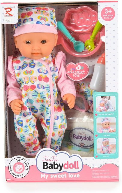 Moni Kinderpuppe mit Mütze, Pyjama und Besteck, rosa, 36 cm - Bild 1