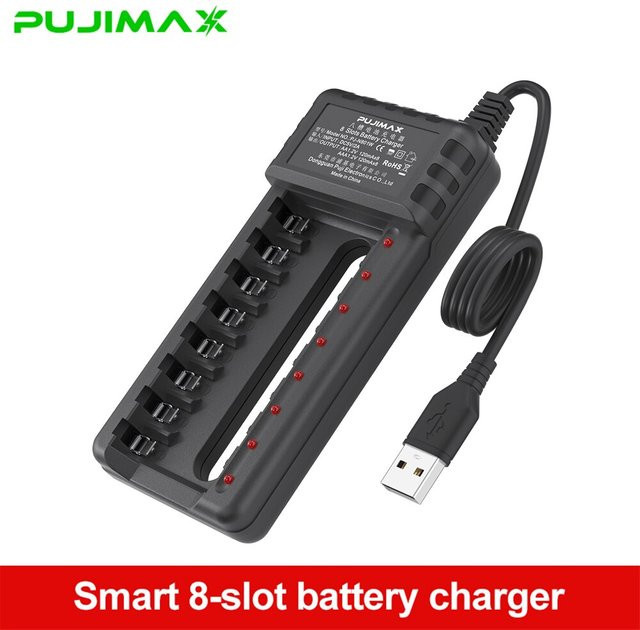 PUJIMAX USB-Batterieladegerät mit 8 Steckplätzen für AA und AAA NiMH-Akkus, Schwarz - Bild 1