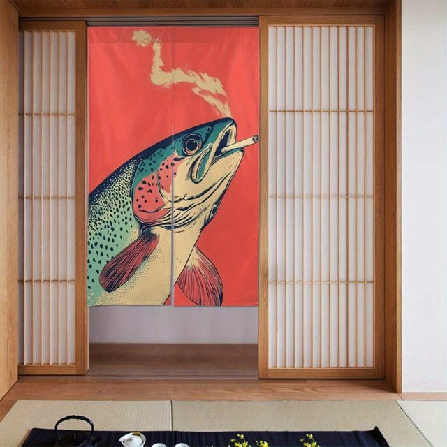 VIKAMA Leinenvorhang mit Pop-Art-Retro-Druck Rauchende Forelle, Mehrfarbig, Breite: 90 cm, Höhe: 65 cm - Bild 1