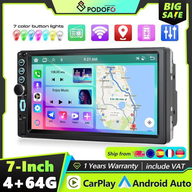 Podofo Universal Autoradio mit 7 Zoll Display, 4+64G Speicher, Carplay, Mirror Link und Rückfahrkamera Unterstützung in Schwarz - Bild 1