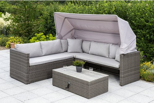 Merxx Gartenmöbel-Eckset San Marco in Grau mit Tisch, Eckbank und Auflagen aus Akazienholz und Stahl