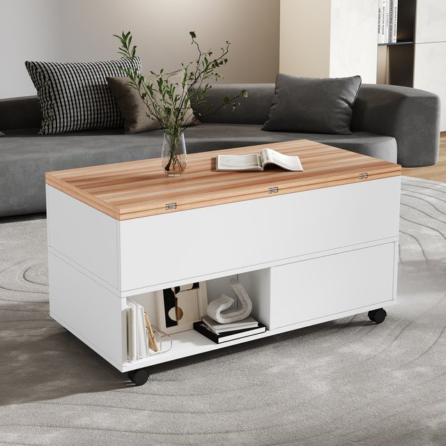 KOMHTOM Couchtisch aus Holz in Weiß mit 4 Schubladen, höhenverstellbarer Tischplatte und 4 Rollen für dein Wohnzimmer - Bild 1