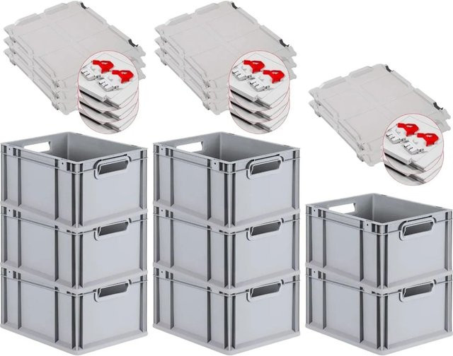 PROREGAL SuperSparSet 8x Eurobox NextGen Grip mit Scharnierdeckel und roten Schiebeschnappverschlüssen, Grau, H x B x T: 22 x 30 x 40 cm, 20 Liter - Bild 1