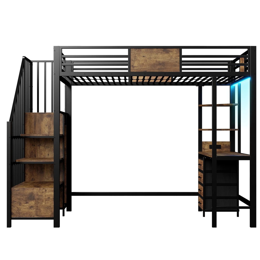 Merax Hochbett mit Schreibtisch und LED-Unterbettbeleuchtung aus Metall und MDF, Schwarz, B/T/H: 200 x 90 x 175 cm - Bild 2