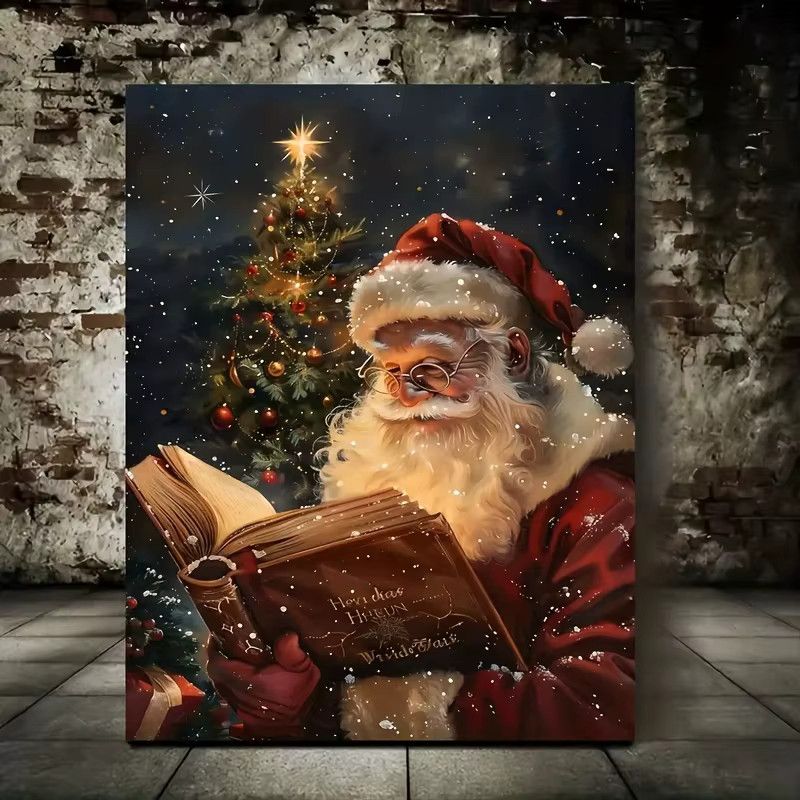 Potdemiel Retro Leinwanddruck Weihnachtsmann und Rentier mit Lebkuchenhütte als Wandkunst für dein Wohnzimmer - Bild 2
