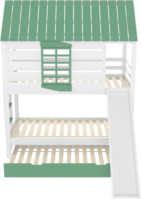 okwish Etagenbett mit Rutsche und Ausziehbett für das Kinderzimmer, Weiß Grün, B/T/H: 200 x 90 x 228,6 cm - Bild 1