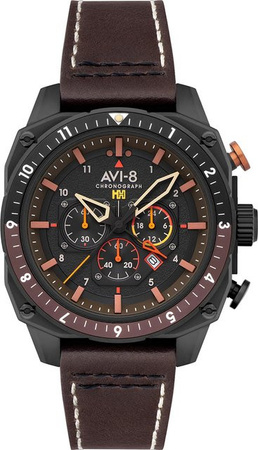 AVI-8 Chronograph Herrenuhr, Edelstahl, Quarz, 43 mm, Leder, Schwarz