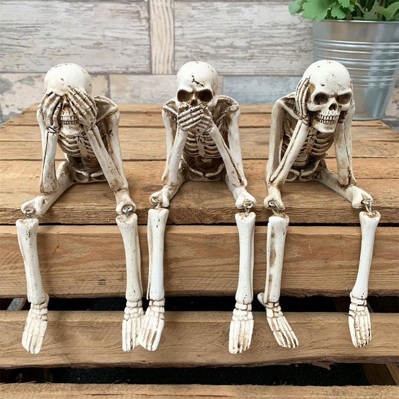 Fashnics Halloween Skelett Sammlerfiguren No-Evil Totenkopf-Dekoration aus Kunstharz in Beige und Grau - Bild 5