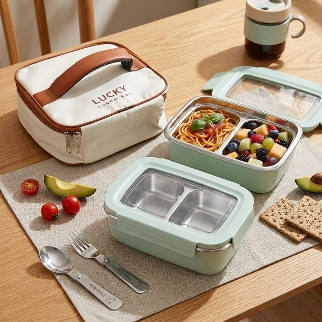 WORTHBUY Bento-Lunchbox aus Edelstahl 304 mit Fächern, auslaufsicher und mikrowellengeeignet, in Pink oder Grün - Bild 1