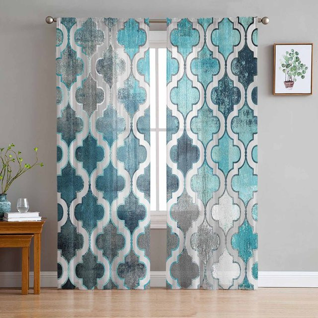 Super Six Transparente Tüll-Vorhänge mit abstraktem Marokko-Design in Blau und Türkis, Breite: 135 cm, Höhe: 137 cm - Bild 1