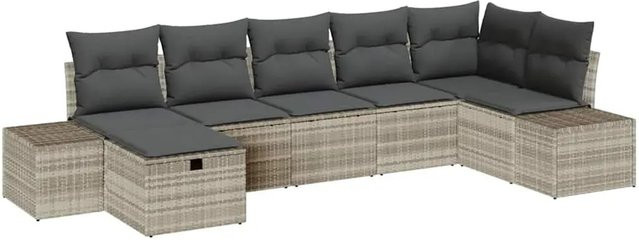 vidaXL Garten-Sofa-Set aus Polyrattan in U-Form, 7-teilig, Hellgrau mit Kissen und Ottoman - Bild 1