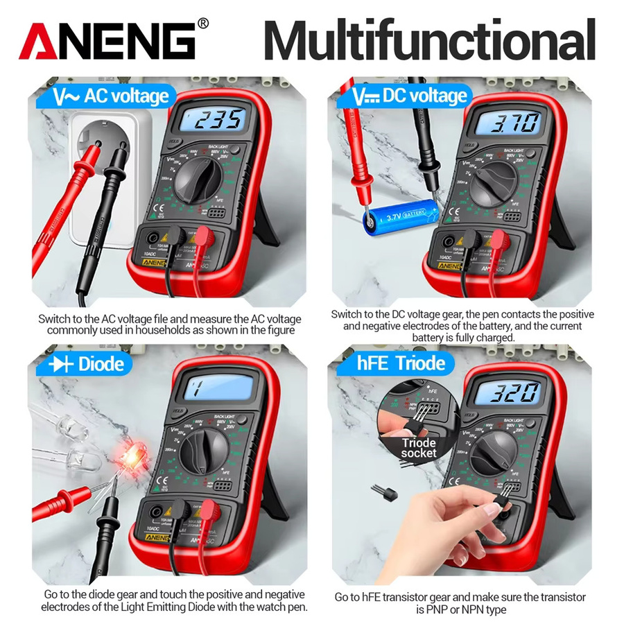ANENG AN8205C Digitales Multimeter mit LCD-Hintergrundbeleuchtung und Thermoelement, AC/DC Amperemeter Volt Ohm Tester, Blau - Bild 4