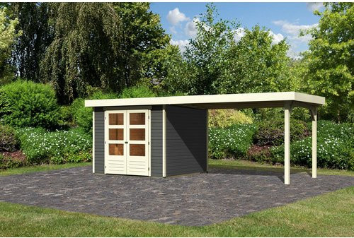 Gartenhaus Holz ASKOLA 35 in Terragrau mit Flachdach und Anbaudach, B/H/T: 238 x 242 x 19 cm - Bild 1