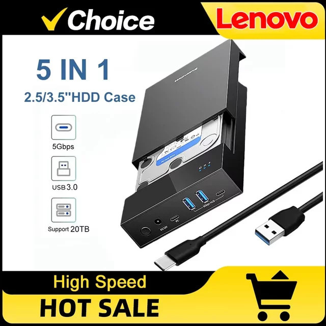 Lenovo 5-fach HDD/SSD-Gehäuse mit USB 3.0-Hub und USB-C-auf-SATA-Adapter, schwarz, unterstützt bis zu 18 TB - Bild 1