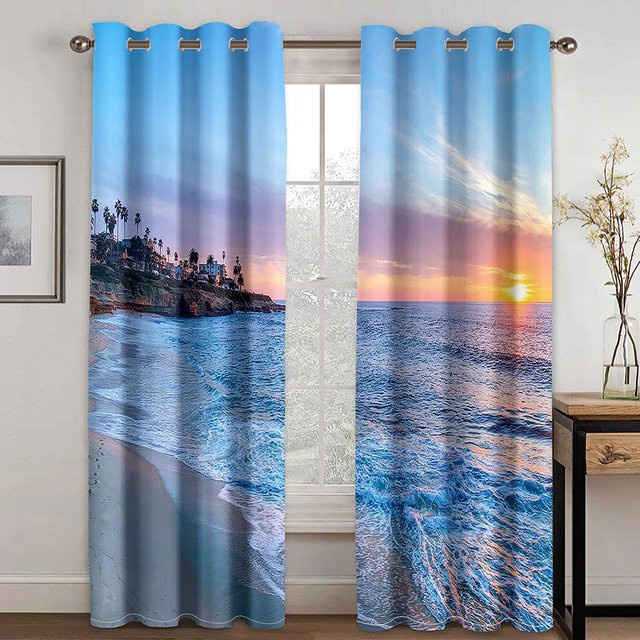 Blauer Ozean und Schöner Himmel Vorhänge mit Naturmotiv, 2er-Set, Blau, B: 50 cm, H: 130 cm - Bild 1