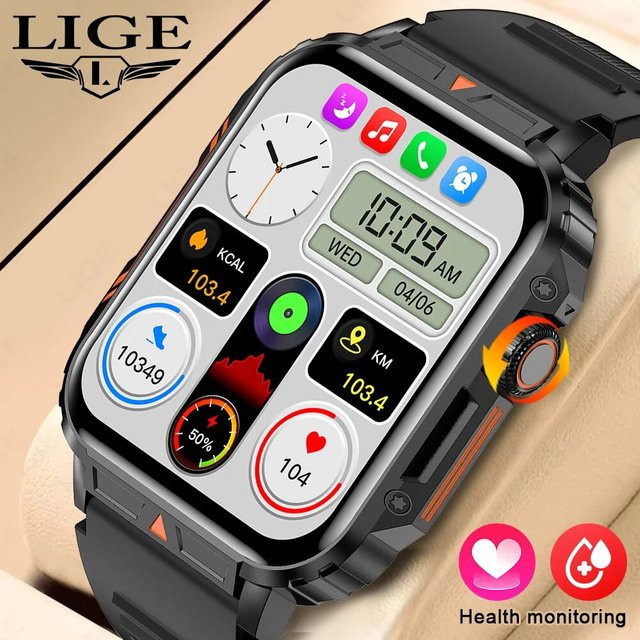 Lige Smartwatch mit 1,95 Zoll Bildschirm, IP68 wasserdicht, Gesundheitsüberwachung und Sport-Fitness-Funktionen, Farbe: Schwarz - Bild 1