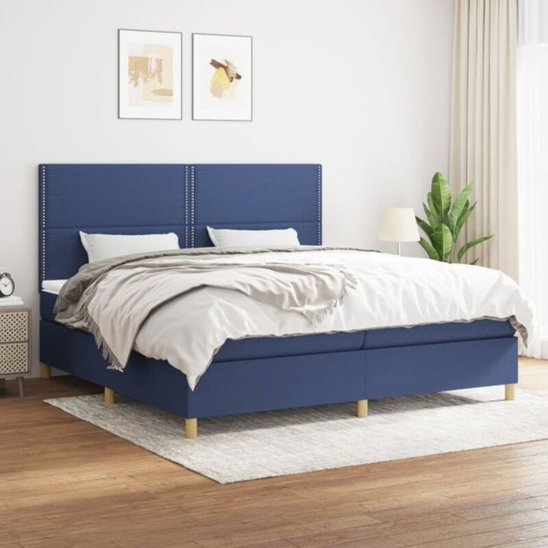 Vidaxl Boxspringbett mit Matratze in Blau und Weiß aus Stoff, Modernes Design, B/T: 200 x 200 cm - Bild 1