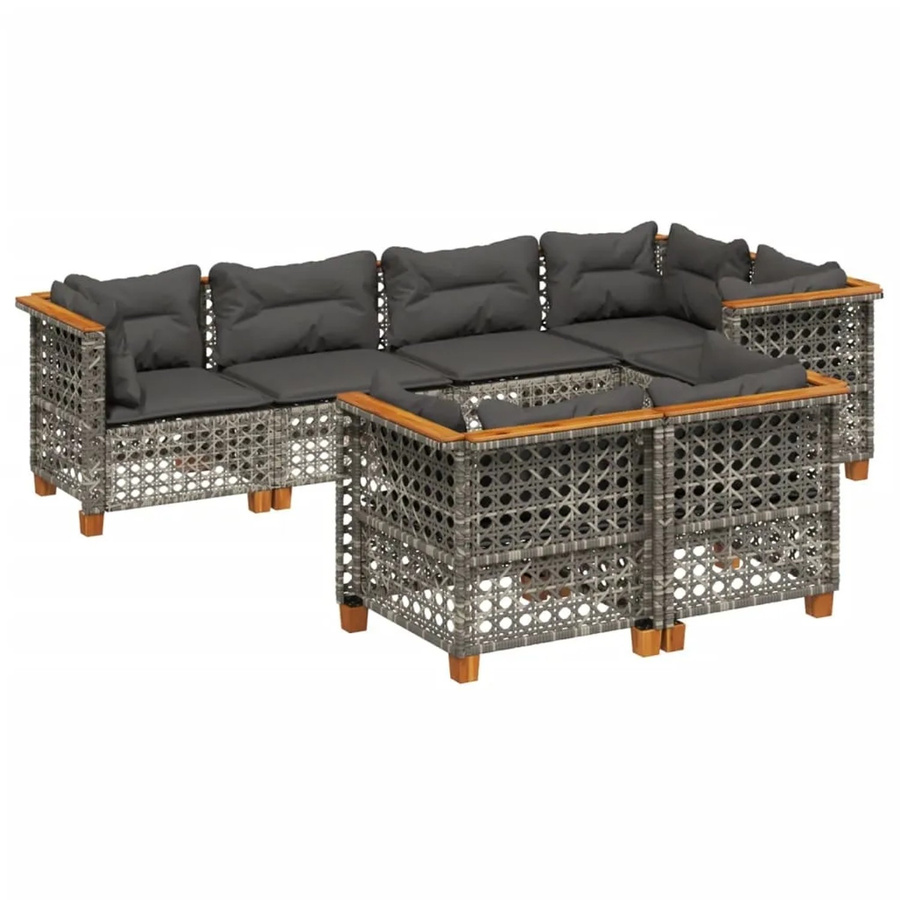 vidaXL 7-tlg Garten-Sofagarnitur aus Poly Rattan in Grau mit Kissen und Akazienholz - Bild 2