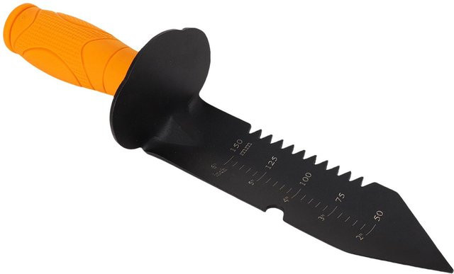 Robuster gezahnter Grabenlöffel aus Metall mit Scheide und Maßband in Schwarz und Orange - Bild 1