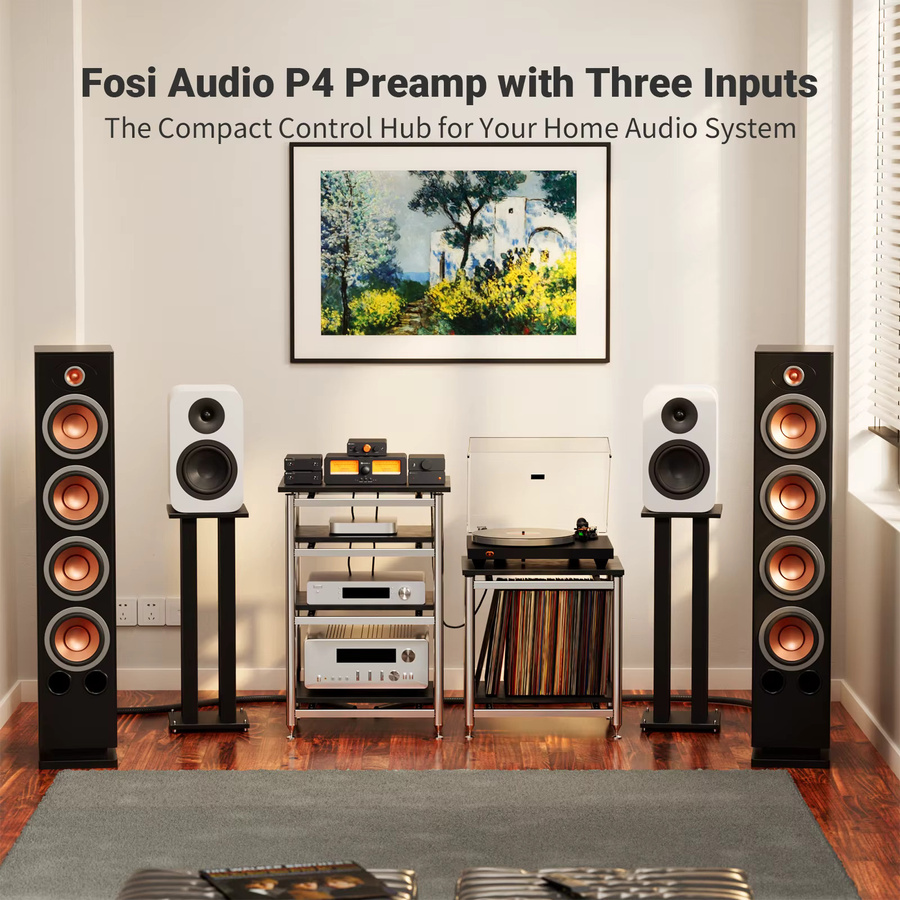 Fosi Audio P4 HiFi-Vorverstärker in Schwarz mit 3 Cinch-Eingängen, EQ/Bypass, austauschbaren Operationsverstärkern sowie Höhen- und Bass-Tonregelung - Bild 2