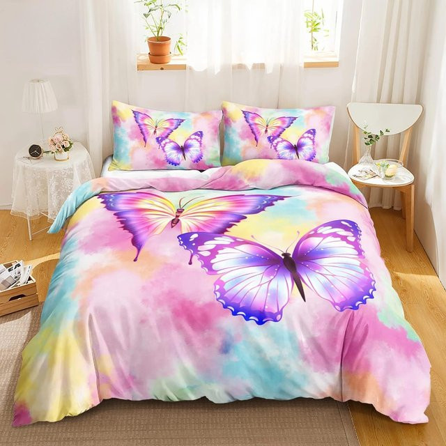 Regenbogen Schmetterling Bettwäsche Set für Mädchen von Your Warm Home in Rosa Lila und Multicolour, weiche Mikrofaser Deckenbezug und Kissenbezug - Bild 1